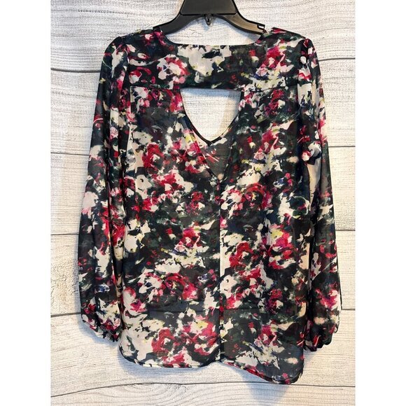 Aqua Floral Sheer Long Sleeve Blouse With V-Neck & Keyhole Back Size S - Picture 3 of 3